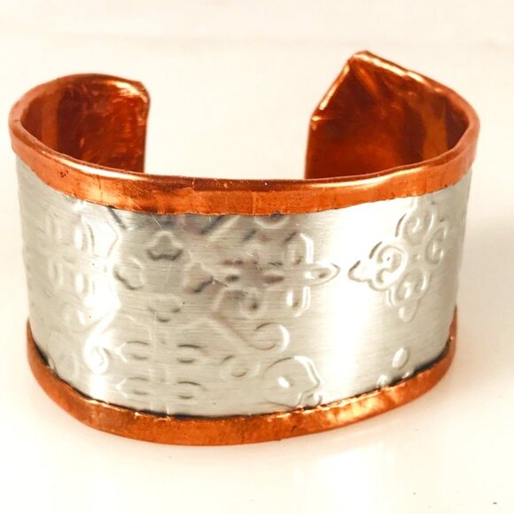 Wintery Snowflake Wide Cuff Bracelet Copper Silver Handmade Holiday Gift Boho - Picture 1 of 7